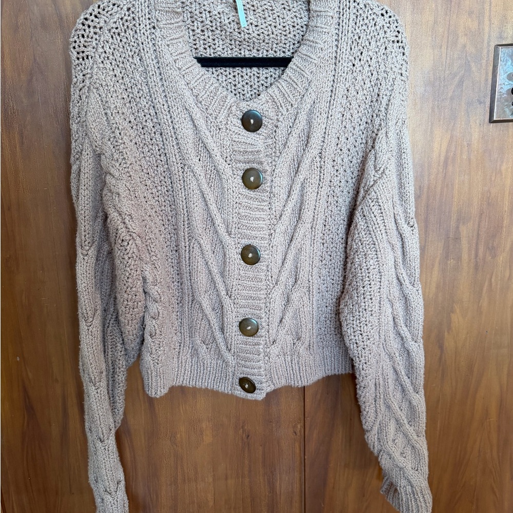 Free People Women's Cable Knit Cardigan Sweater in Brown, size Medium